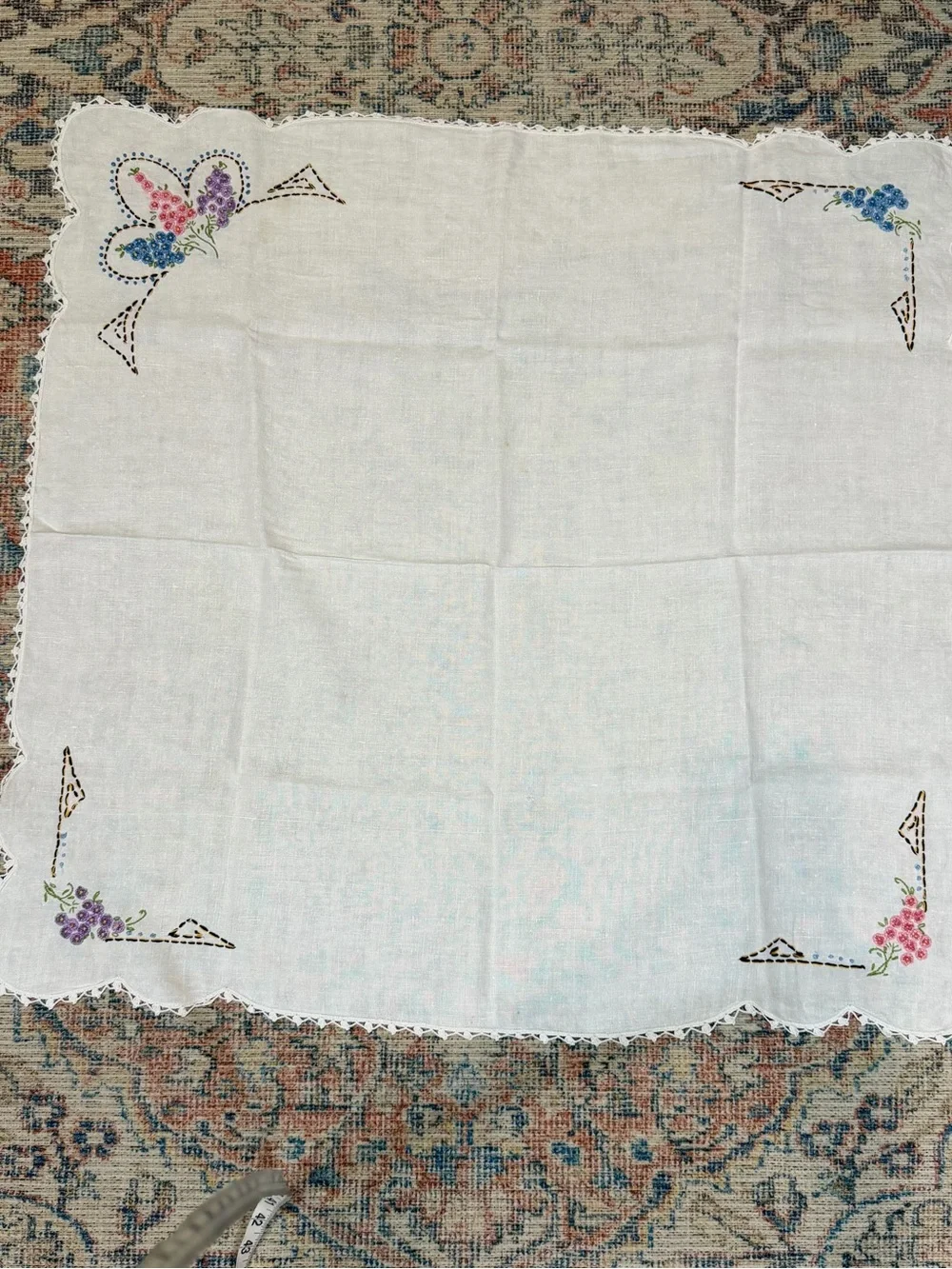 Vintage Hand Embroidered Linen Tablecloth White Floral Scalloped 32x32 Cottage